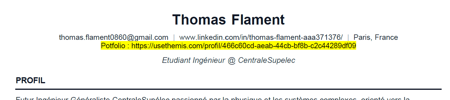 Haut du CV de Thomas Flament, avec le lien de son portfolio Themis mis en évidence