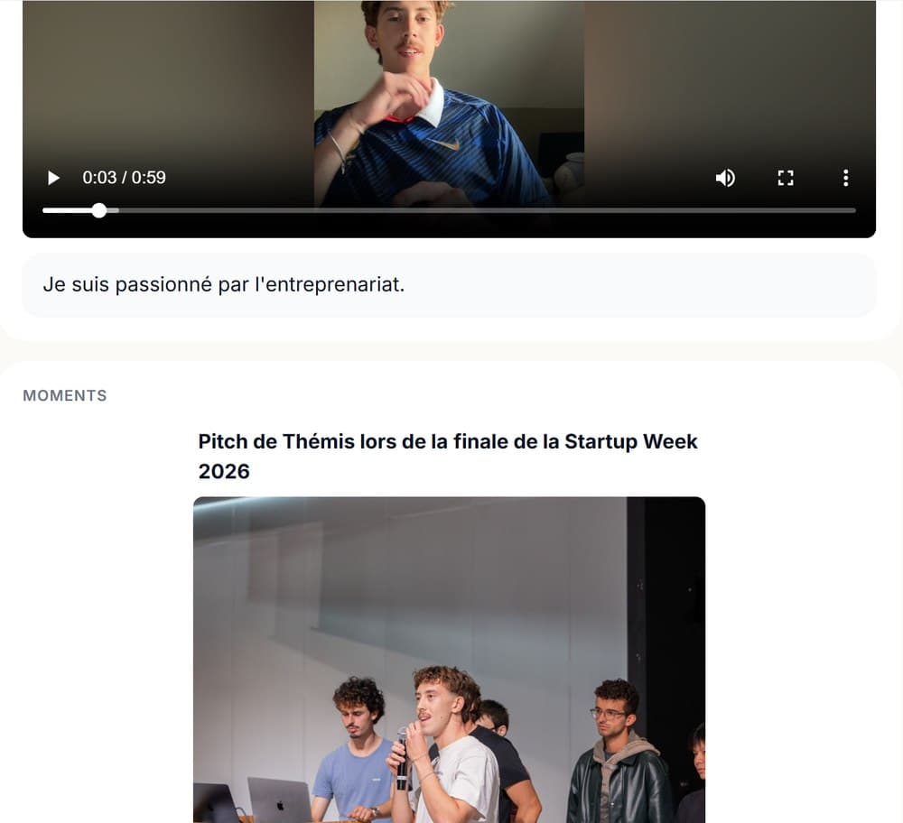 Extrait du profil candidat Themis : moments et vidéo de présentation