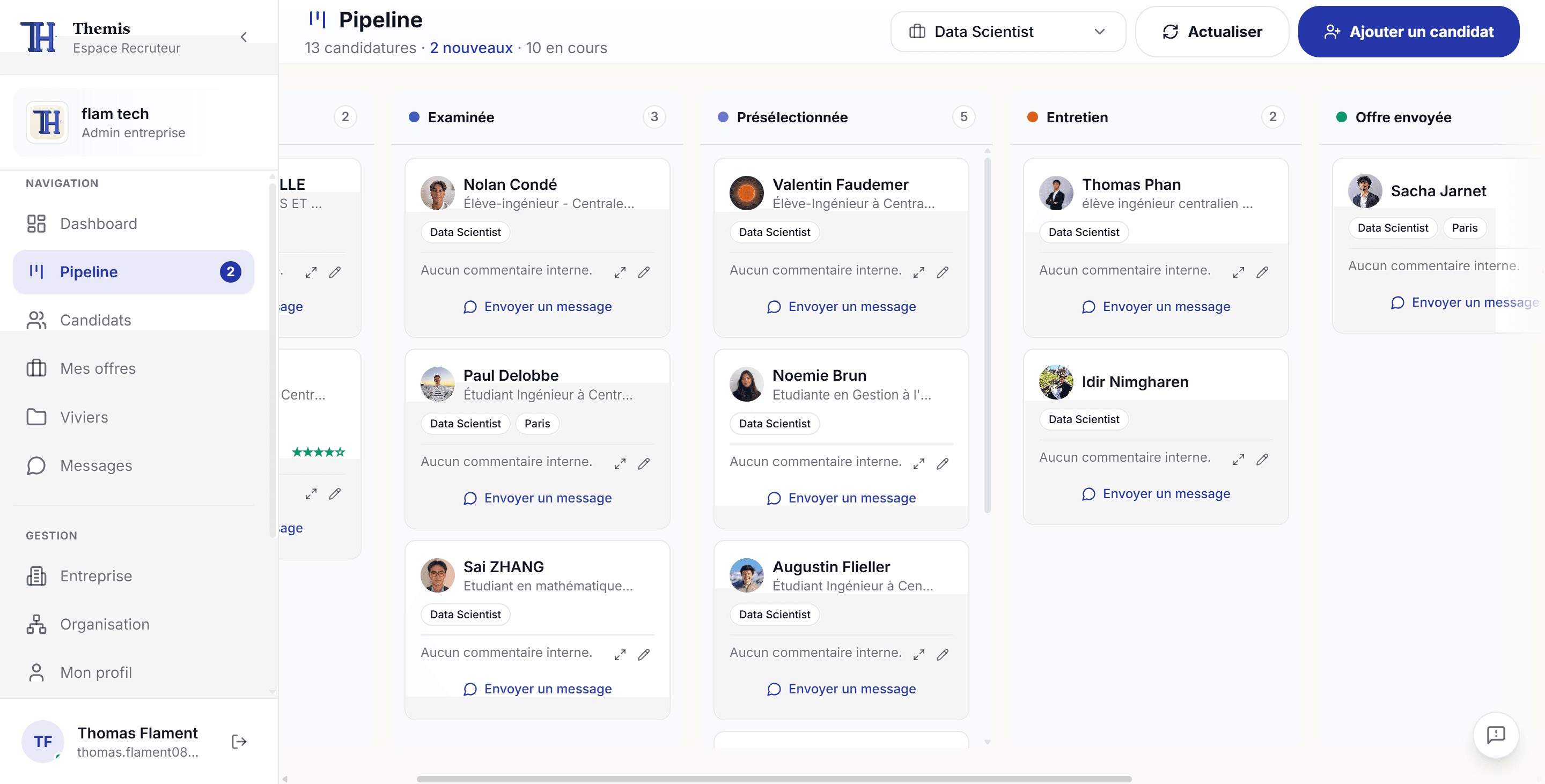 Pipeline de recrutement Themis, vue recruteur