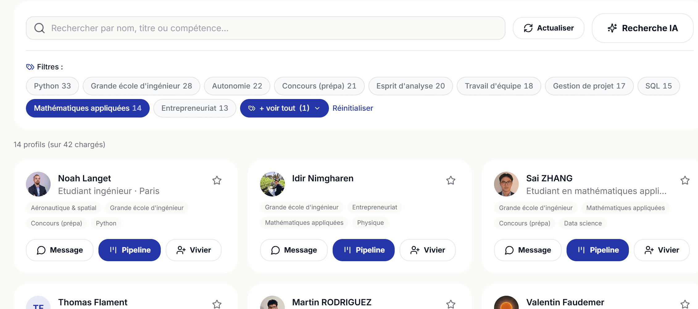 Recherche de candidats Themis, filtres et vivier de profils